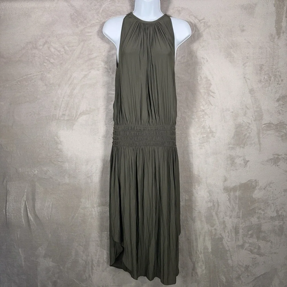Ramy Brook Audrey Midi Dress Womens XS Olive Green Smocked Halter Stretch